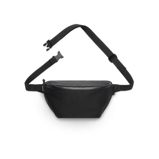 Black recycled waist bag with adjustable strap and zipper closure