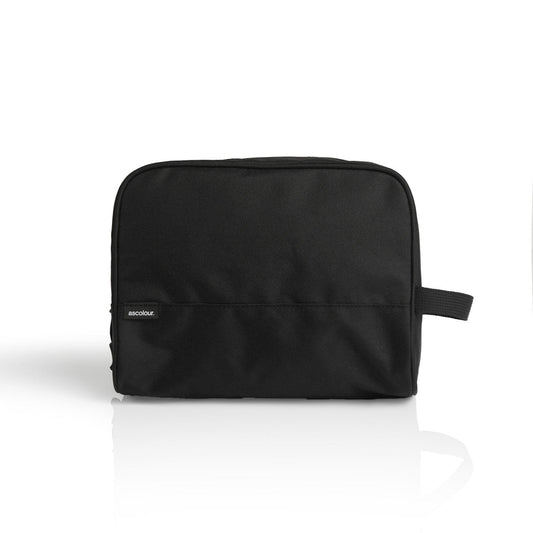 AS Colour black recycled toiletry bag with handle and minimal branding