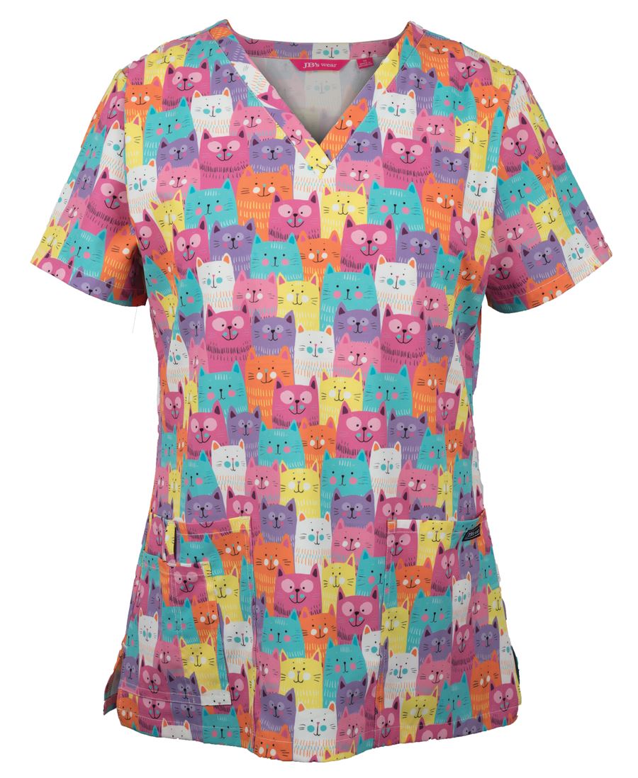 JB's LADIES SCRUB TOP PRINTED CATS, DOGS AND DINO