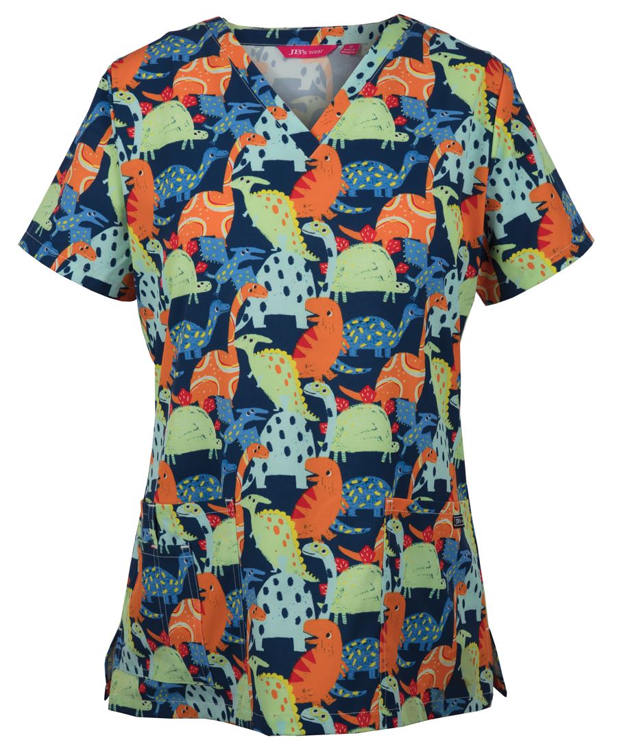 JB's LADIES SCRUB TOP PRINTED CATS, DOGS AND DINO
