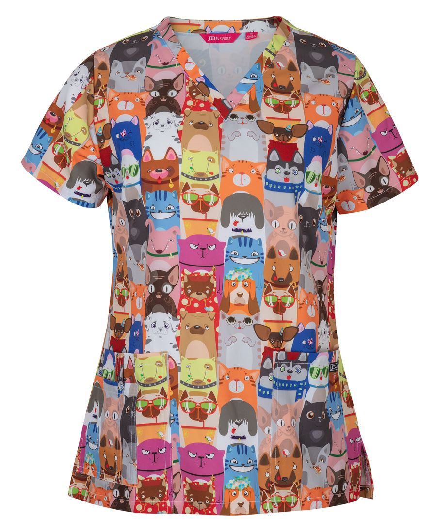 JB's LADIES SCRUB TOP PRINTED CATS, DOGS AND DINO