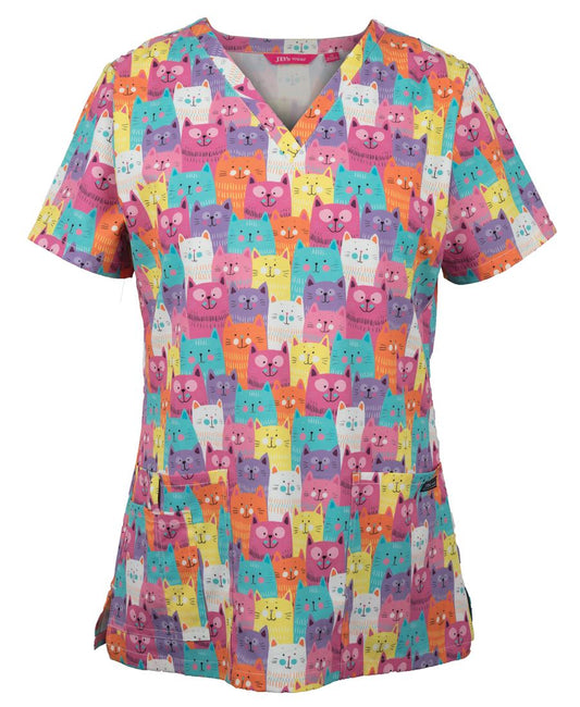 JB's LADIES SCRUB TOP PRINTED CATS, DOGS AND DINO