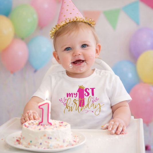 My First Birthday Pink and Gold hearts tee