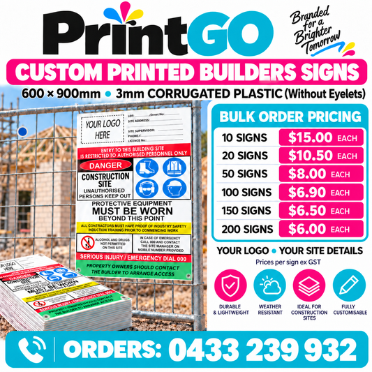 Builder Custom Corflute® Signs 600 x 900mm  - NO EYELETS
