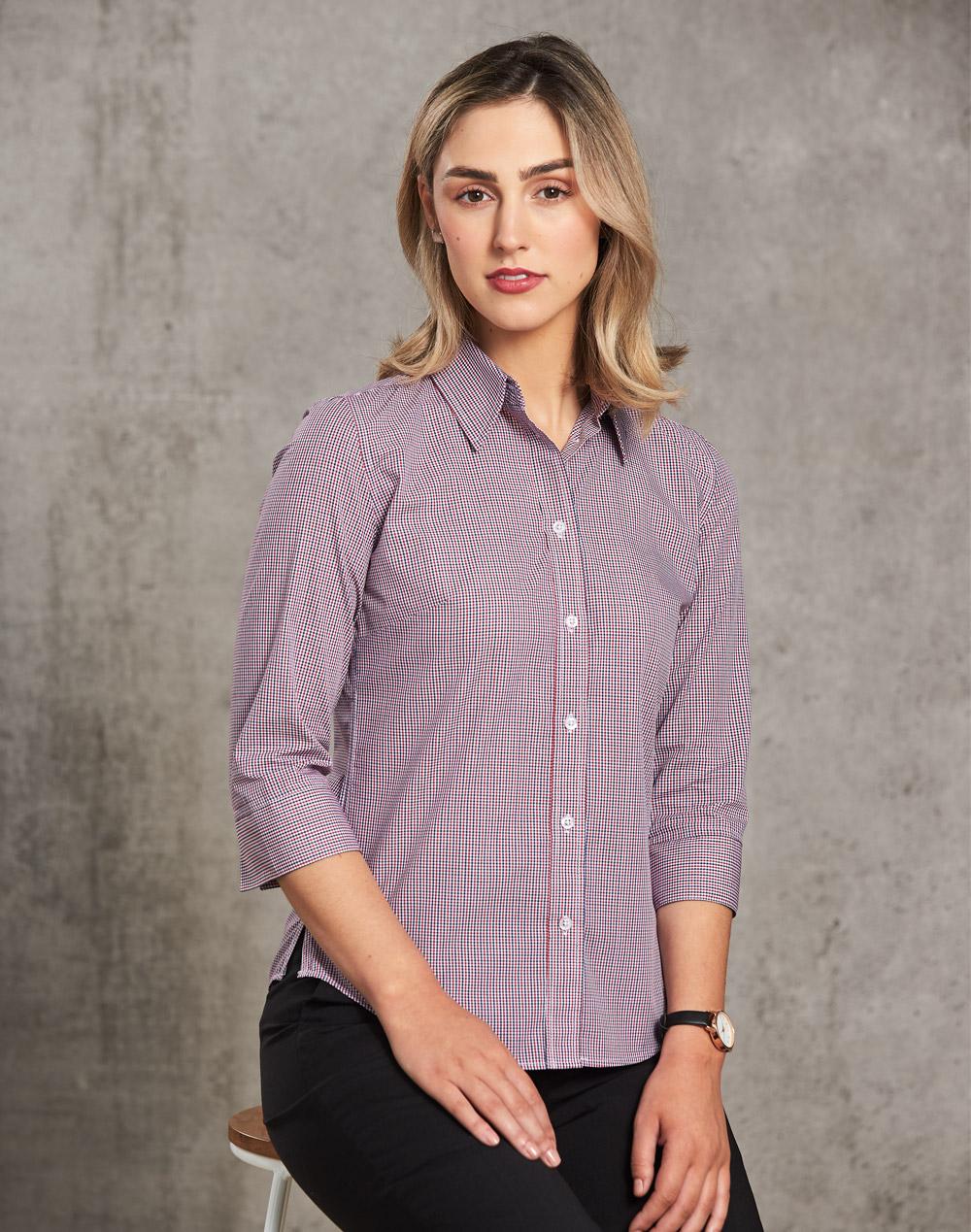 Ladies' Two Tone Mini Check 3/4 Sleeve Shirt - M8340Q