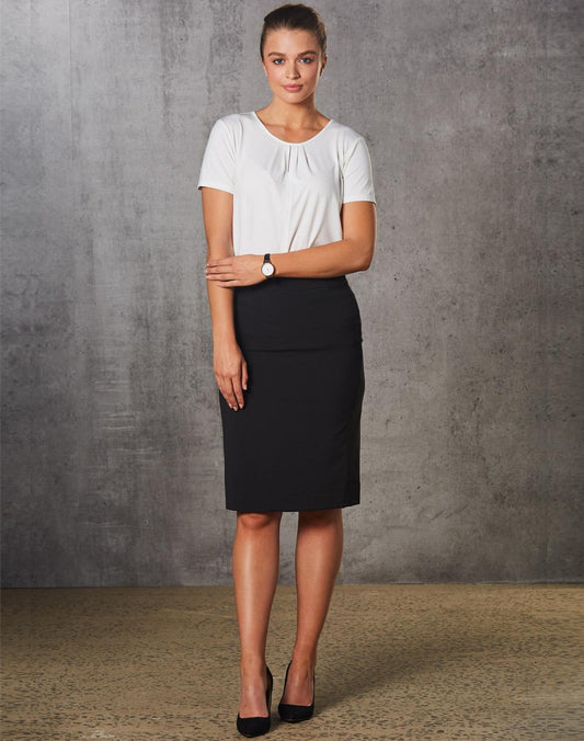 Women's Mid Length Lined Pencil Skirt in Poly/Viscose Stretch Stripe - M9472