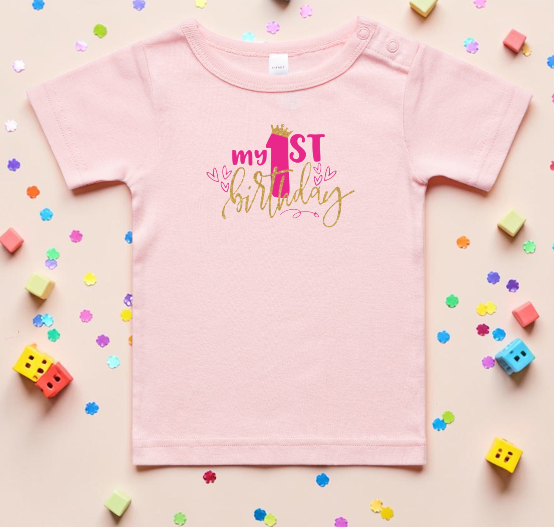 My First Birthday Pink and Gold hearts tee