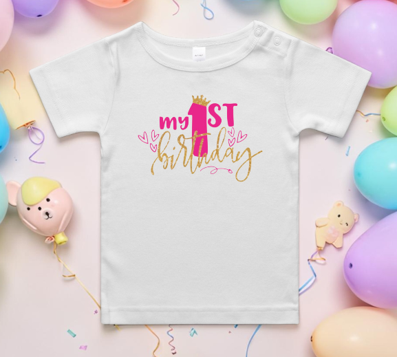 My First Birthday Pink and Gold hearts tee