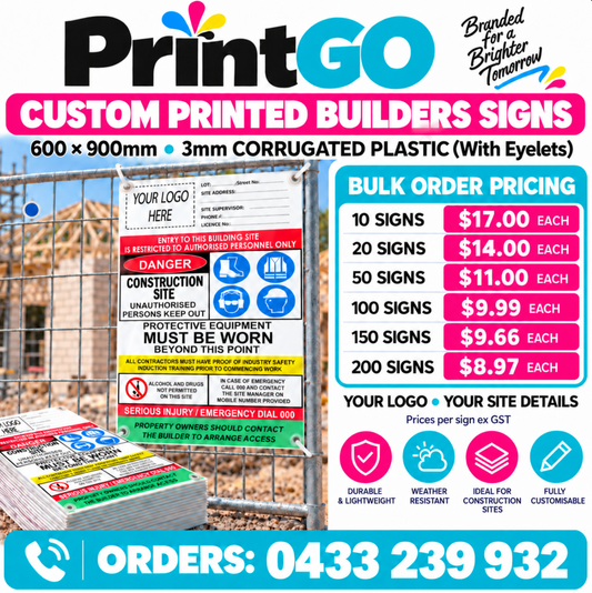 Builder Custom Corflute® Signs 600 x 900mm - WITH EYELETS