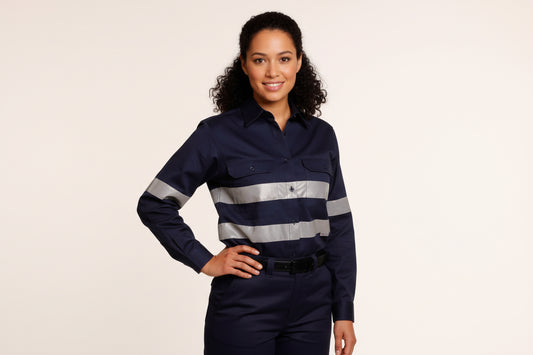 Ladies HiVis Cotton Drill Long Sleeves Work Shirt with 3M Reflective Taps - WT08HV