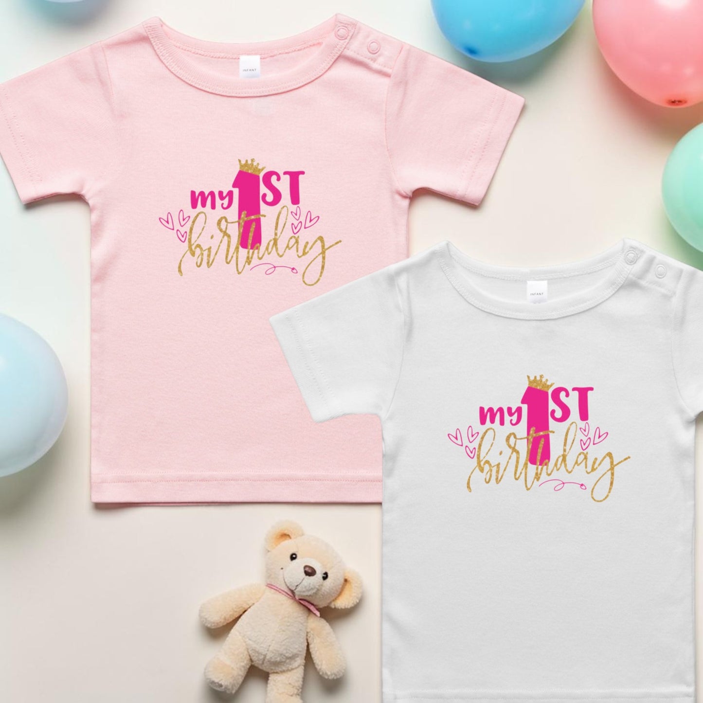 My First Birthday Pink and Gold hearts tee